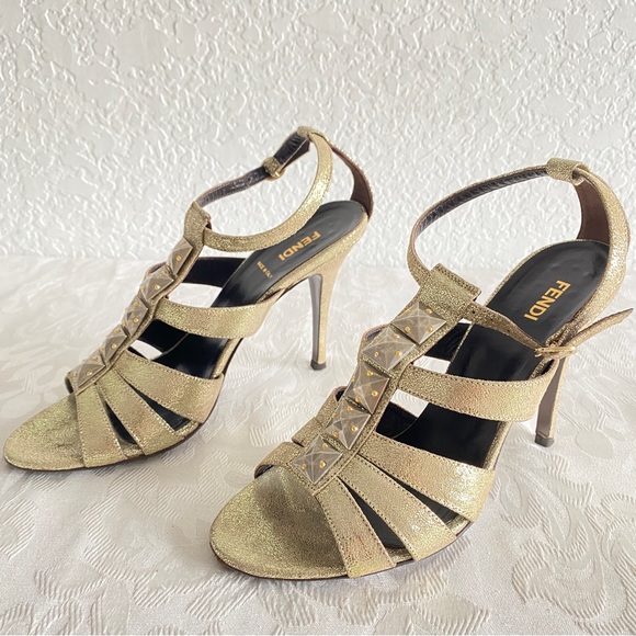 Fendi Gold Iridescent Leather Silver Studded Ankle Strap Sandals - Picture 3 of 9